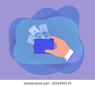 Hand of businessman holding wallet with dollar bills. Person earning, investing or lending money flat vector illustration. Finances, wealth, investment, budget concept for banner or landing web page