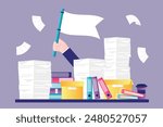 Hand of businessman holding white flag. Give up, overloaded employee, overwork concept. Office desk loaded with documents, bills and a lot of papers and folders. Tired office clerk with paperwork.