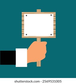 Hand of Businessman Holding a Wooden Banner Place for Text. Announcements and advertisement signs concept vector art