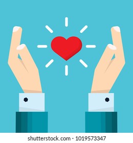 Hand of businessman holds a heart floating between two hands - Orphans Help- vector illustration in flat style