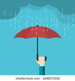 hand of businessman holds an open red umbrella from the rain - the concept of risk protection -  vector illustration in flat style