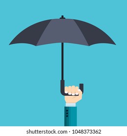 hand of businessman holds an open umbrella from the rain - the concept of risk protection -  vector illustration in flat style