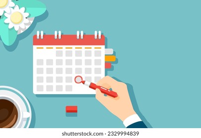 Hand Businessman holds a pen that marks the date, holiday, priority, important, and reminder day on the calendar concept. Vector illustration flat design for banner and poster.