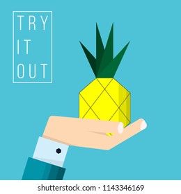 Hand of businessman holds pineapple icon - vector illustration in flat style - concept try it out