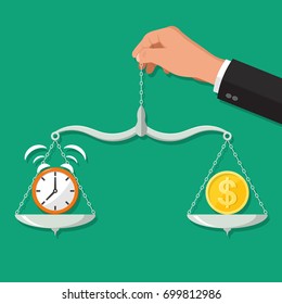 The hand of the businessman holds scales with hours and a coin.Concept time and money.Balance between work and the given time.Vector illustration in flat style.