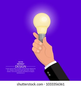 The hand of the businessman holds the shining bulb. Concept of the idea and innovation.Vector illustration in flat style.