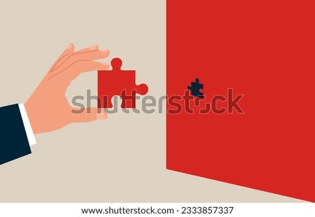 Hand businessman keeps puzzle. Wrong solution business. Insufficient size of jigsaw puzzle. problem challenge. Vector illustration