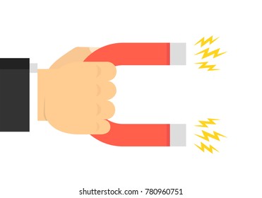 Hand of a businessman with magnet. Business concept of the attraction of money, customers and investment. Vector illustration.