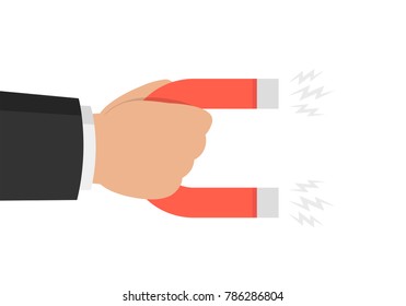 Hand of a businessman with magnet. Business concept of the attraction of money, customers and investment. Vector illustration.