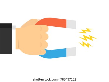 Hand of a businessman with magnet. Business concept of the attraction of money, customers and investment. Vector illustration.