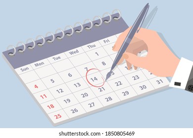 The hand of a businessman making notes in the calendar.Deadline and task scheduling.Calculation of the remaining days.Flat vector illustration.