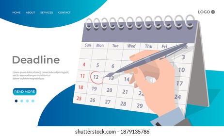 La mano de un empresario que realiza notas en el calendario.Fecha límite y programación de tareas.Cálculo de los días restantes.Ilustración vectorial plana.Plantilla de la página de inicio.
