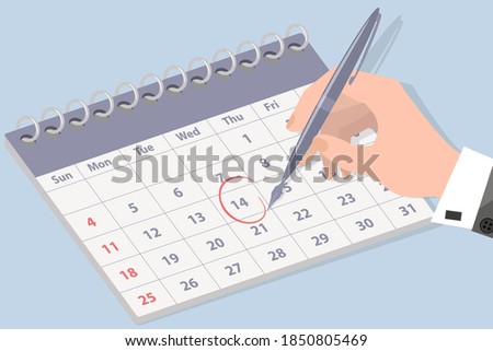 The hand of a businessman making notes in the calendar.Deadline and task scheduling.Calculation of the remaining days.Flat vector illustration.