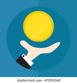 Hand of businessman, man throws coin. The situation is choice. Decision-making. Icon. Vector