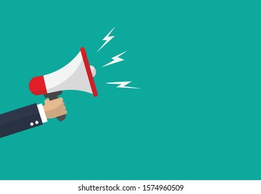 Hand businessman megaphone with copy space on blue background. Advertising through speakers. Vector illustration in flat design.