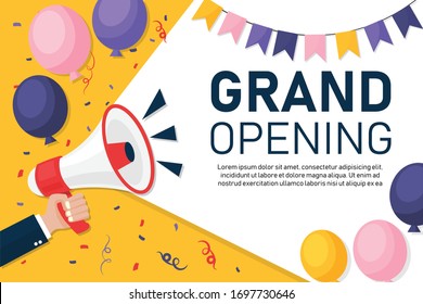 Hand businessman megaphone with copy space background. grand opening marketing or banner template with fun balloons. Advertising through speakers. Vector illustration flat design. 