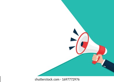 Hand businessman megaphone with copy space on blue background. Advertising through speakers. Vector illustration in flat design. business and finance concept. marketing promotion concept.