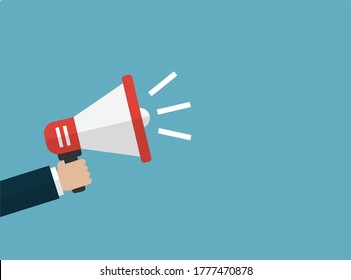 Hand businessman megaphone with copy space on blue background. Advertising through speakers. business promote marketing concept.  Vector illustration in flat design. 