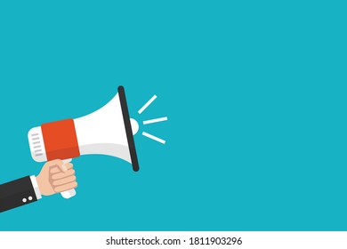 Hand businessman megaphone with copy space. Advertising through speakers. social media marketing concept. isolated on blue background. vector illustration in flat style modern design.