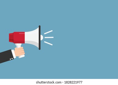 Megáfono de empresario manual con espacio de copia en segundo plano.  Publicidad a través de altavoces. ilustración vectorial en diseño moderno de estilo plano. concepto de negocio y finanzas.
