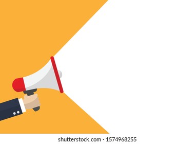 Hand businessman megaphone with white copy space on orange background. Advertising through speakers. Vector illustration in flat design. Megaphone text bubble card.