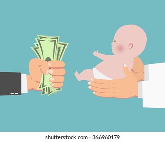 Hand of businessman with money and a baby in doctor's hands