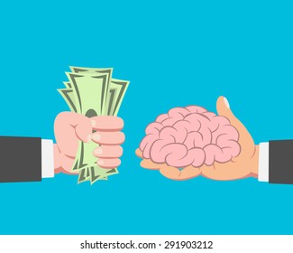 Hand of businessman with money buying Brain from another businessman on blue background vector