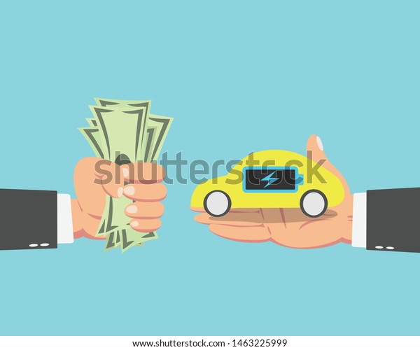 Hand of businessman with money buying a\
Electric car isolated on blue\
background