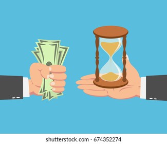 Hand of businessman with money buying a Hourglass isolated on blue background