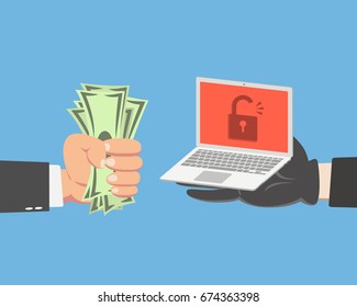 Hand of businessman with money buying a Laptop isolated on blue background