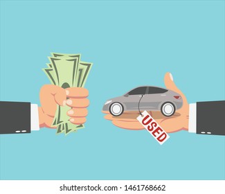 Hand of businessman with money buying a Used car isolated on blue background.vector illustration
