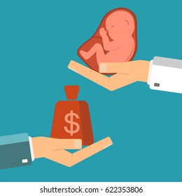 Hand of businessman with money and a embryo in doctor's hands. Buying embryo