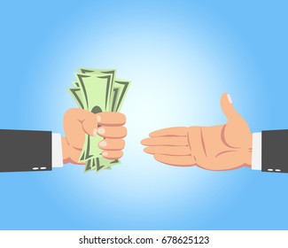 Hand of businessman with money giving to another guy isolated on blue background