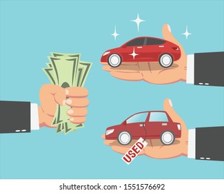 Hand Of Businessman With Money And A New Red Car And A Used Car Isolated On Blue Background.vector Illustration