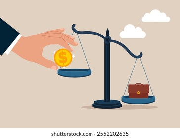 Hand businessman with money, money on the scale. How much does the job cost, portfolio, equal pay, fair pay. Flat vector illustration 