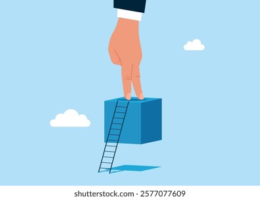 Hand businessman on the top of a suspended cube observing the future. Corporate of success. Flat vector illustration