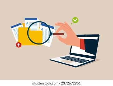 Hand businessman from out of laptop holds magnifying glass and add files to big folder. User and data archive. 