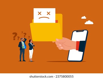 Hand businessman out of smartphone hold yellow folder. No data found concept. Vector illustration in flat style