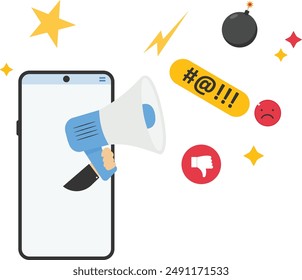 Hand businessman from out of smartphone shouting shouting on megaphone with negative feedback from remote work. Flat vector illustration

