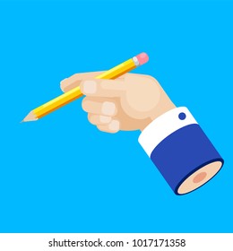 Hand of a businessman with a pencil concept. Develop an idea. Copywriting. Vector flat illustration
