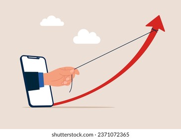 Hand businessman with phone on arrow graph and pulling it upwards with rope. Increase profit sales and investment. Vector illustration