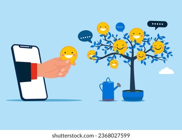 Hand businessman with phone picking positive feedback from tree. Good review, high ratings. Vector illustration