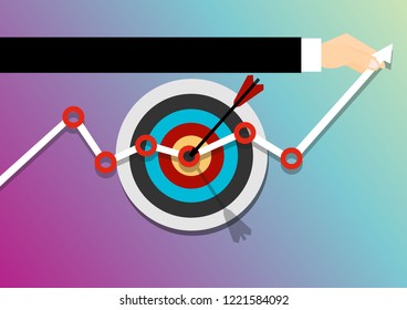 Hand of businessman pointing to the arrow from target. Goal setting. Smart goal. Business target concept. Achievement and success. Vector illustration in flat style