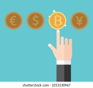 Hand of businessman pointing at and choosing gold shining bitcoin among euro, dollar and yen. Currency, finance and economy concept. Flat design. Vector illustration, no transparency, no gradients