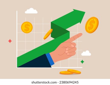 Hand  businessman pointing finger with successful growth chart. Flat vector illustration
