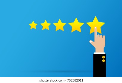 Hand of businessman pointing five star symbol to increase rating of company, Vector illustration