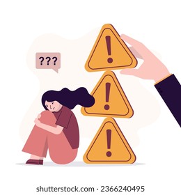 Hand of businessman or politician puts stack of prohibition signs. ban women, gender discrimination. Unhappy woman sitting near yellow warning triangular signs. Restrictions, sanctions for female.