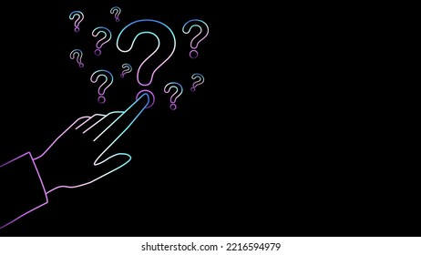  Hand of the businessman pressing question marks, isolated on black background with copy space. Problem and solution.