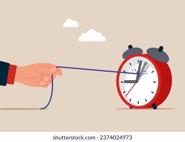Hand businessman Pull Clock Arrows on Huge Watches Using Rope. Trying To Stop. Flat vector illustration