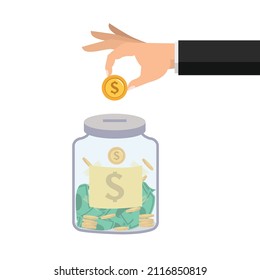 Hand  businessman putting coin in jar concept